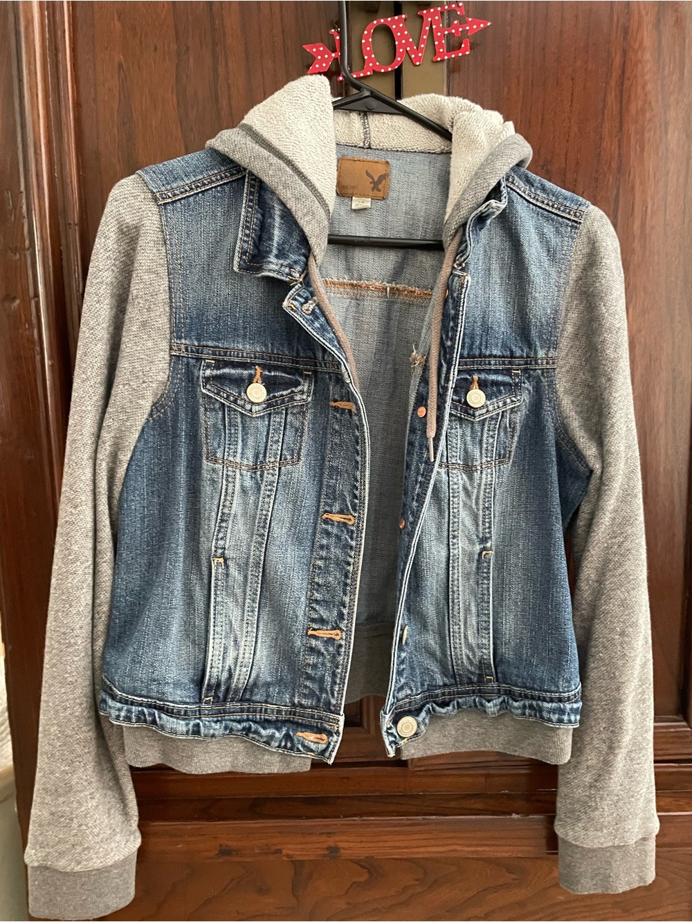 American Eagle Outfitters Blue Denim Jacket with Gray Hood